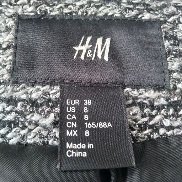 H&M Women's 8 Metallic Silver Heavyweight Boucle Tweed Zip Up Motorcycle Jacket - Picture 3 of 15